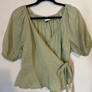Green pleated wrap blouse